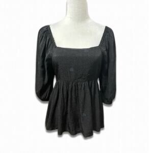 Treasure & Bond Peplum Top Square Neck 3/4 Puff Sleeves Cutout Black Small NWOT